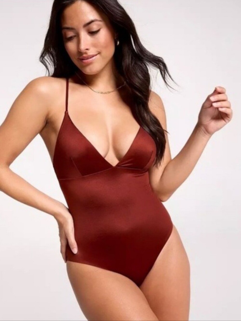 NWT CALIA Womens Swim Triangle Strappy Back One Piece Red Brown Shine 10